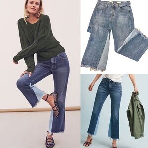 PILCRO ANTHROPOLOGIE High-rise Two tone Flare Raw Hem Cropped Cotton Blend Jeans